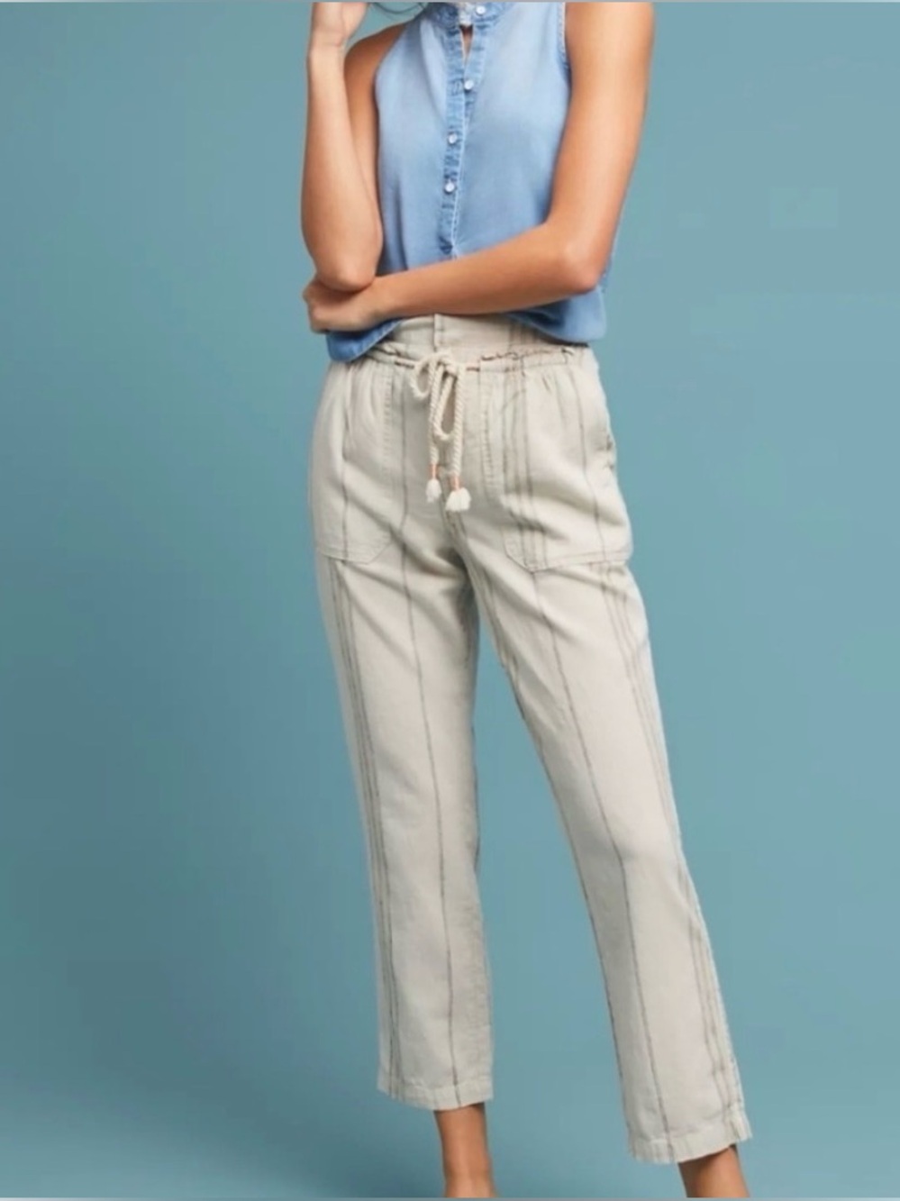 Anthropologie linen Striped Cream Drawstring seashore Pants size small